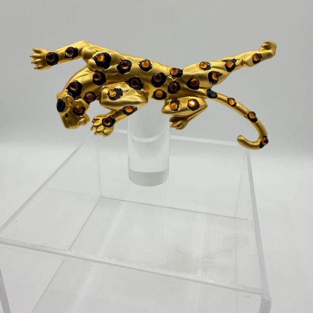 Vintage Gold Tone Leopard Brooch Amber Rhinestone Black Enamel Cheetah Pin 4 In